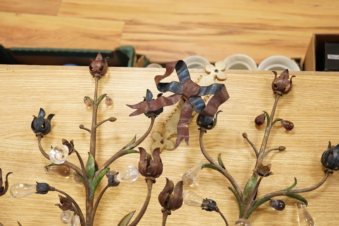 A pair of Continental toleware wall sconces with glass drops in the form of apples and buds, 60cm high